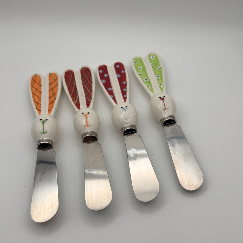 Set of 4 Bunny Rabbit Cheese Spreaders Stainless Steel Porcelain Easter Decor